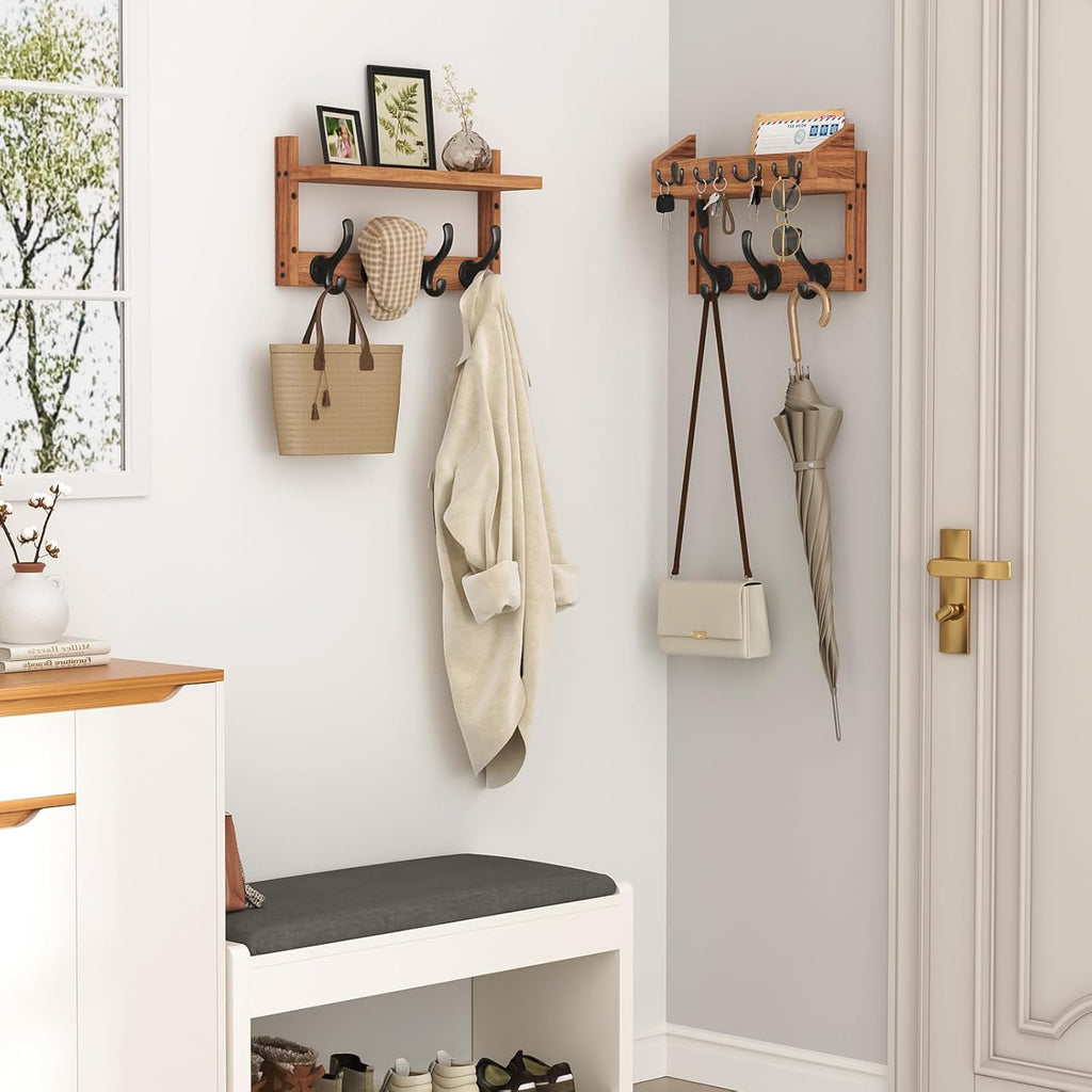 29" Coat Rack Wall Mount with Shelf, 4 in 1 Wall Mounted Coat and Key Hanger with 11 Hooks, Entryway Key Holder with