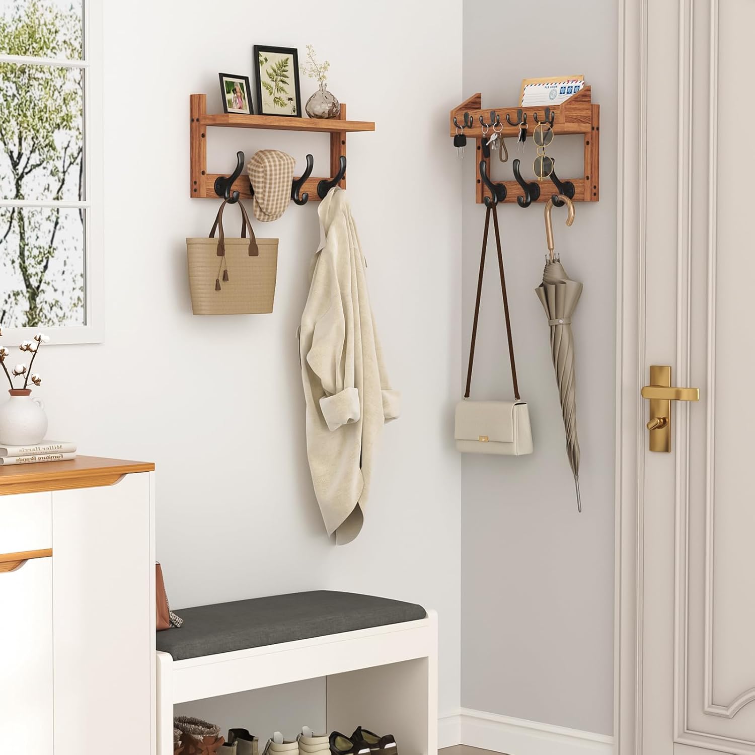 29" Coat Rack Wall Mount with Shelf, 4 in 1 Wall Mounted Coat and Key Hanger with 11 Hooks, Entryway Key Holder with