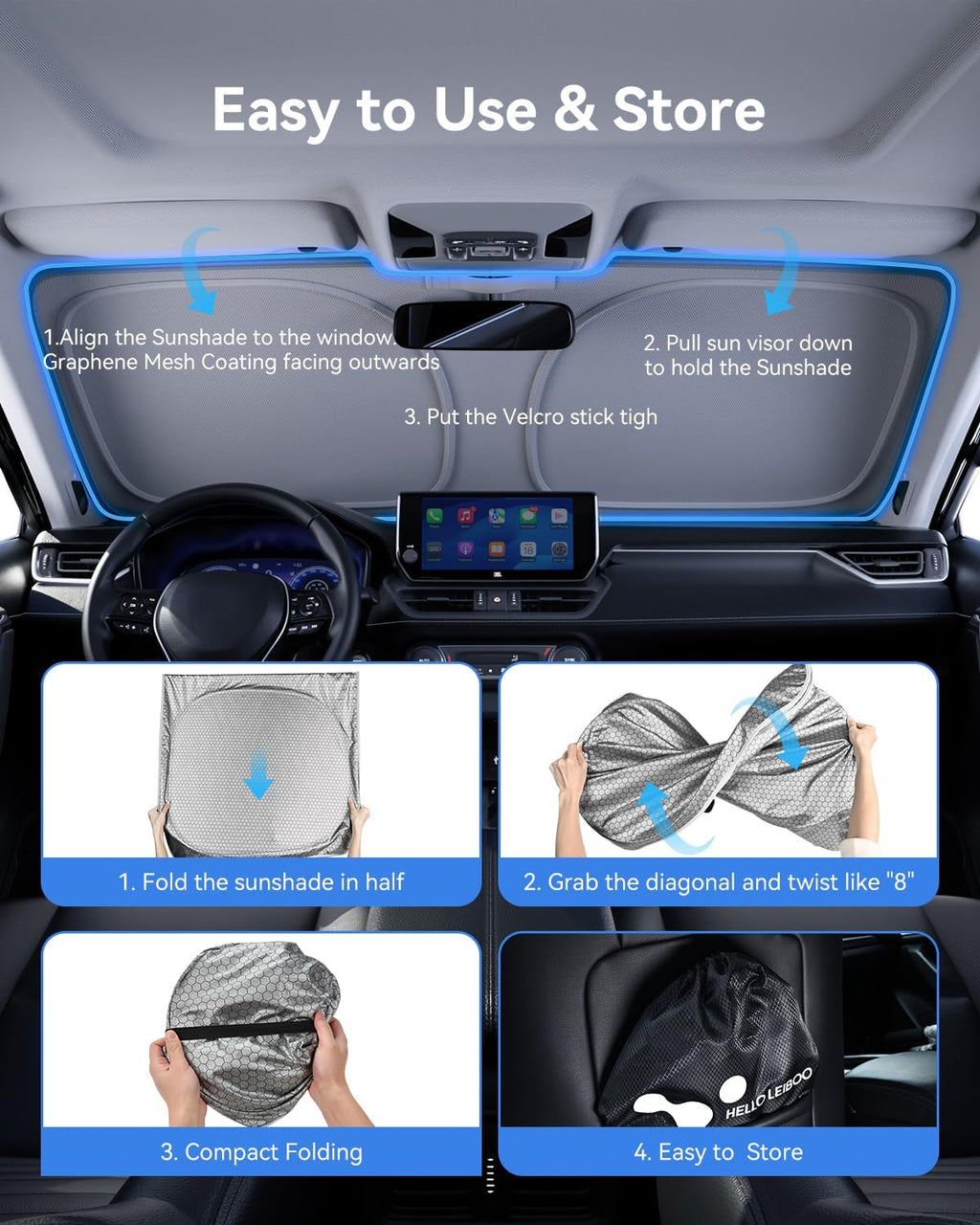 Graphene Windshield Sun Shade for SUVs and Most Mid-Size Sedans, 99% UV Blocking, Dual-Layer Honeycomb Heat Shield