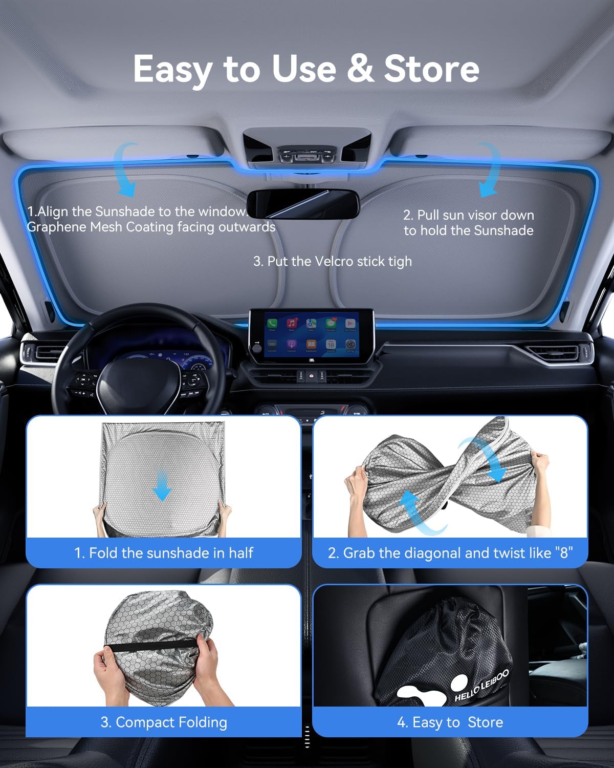Graphene Windshield Sun Shade for SUVs and Most Mid-Size Sedans, 99% UV Blocking, Dual-Layer Honeycomb Heat Shield