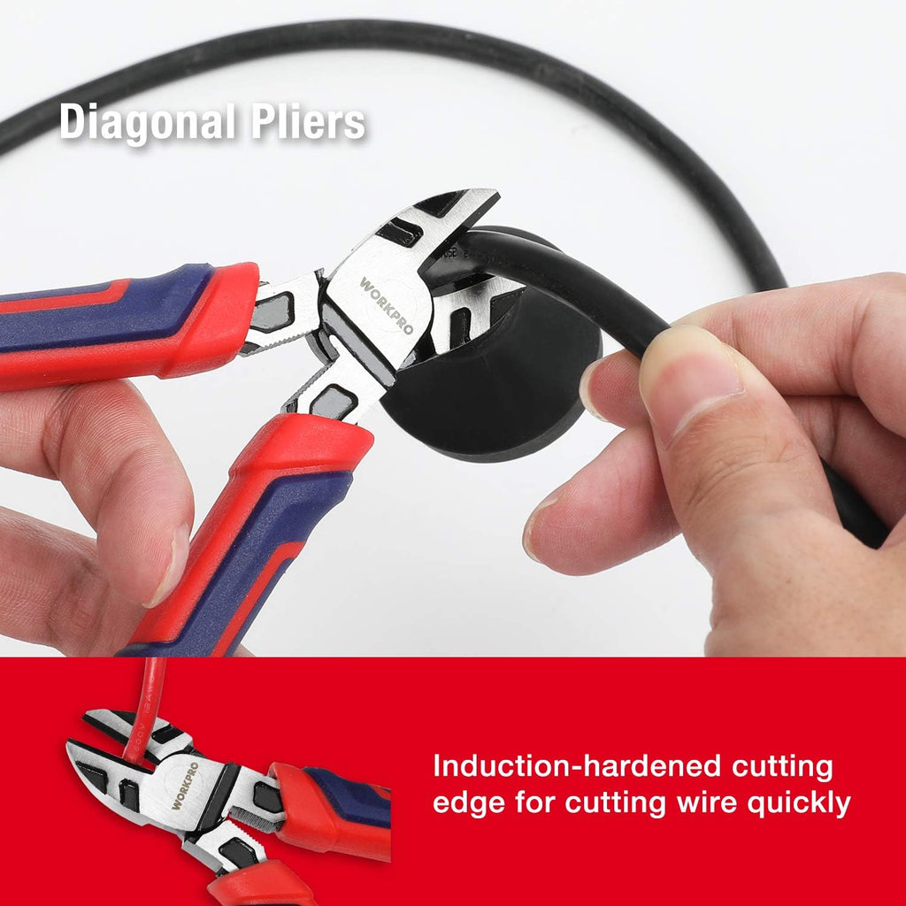 Pliers Set, Premium Cr-V Construction, Includes 6 Inch Slip Joint, Long Nose, Diagonal Cutting, 8 Inch Groove Joint