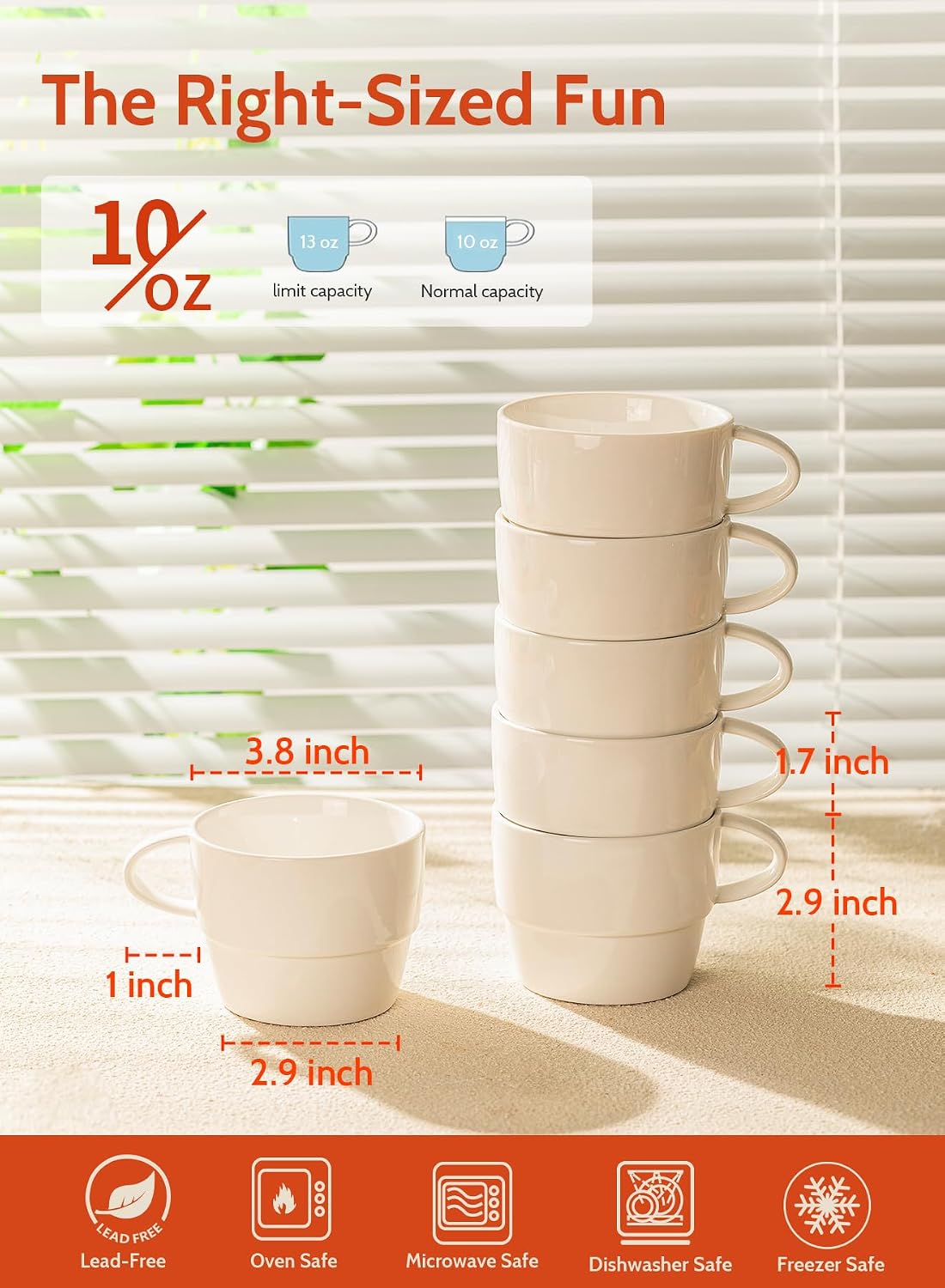 10 oz Stackable Porcelain Coffee Mugs, Set of 6, White