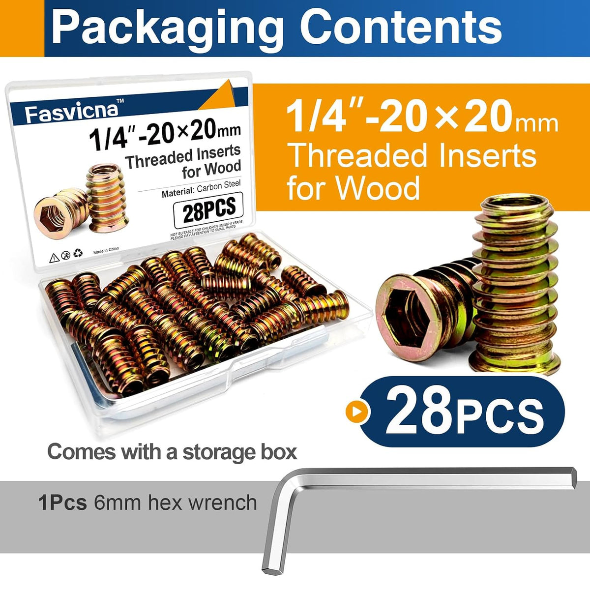 28PCS 1/4"-20 x 20mm Threaded Inserts for Wood, Hex Drive Nuts