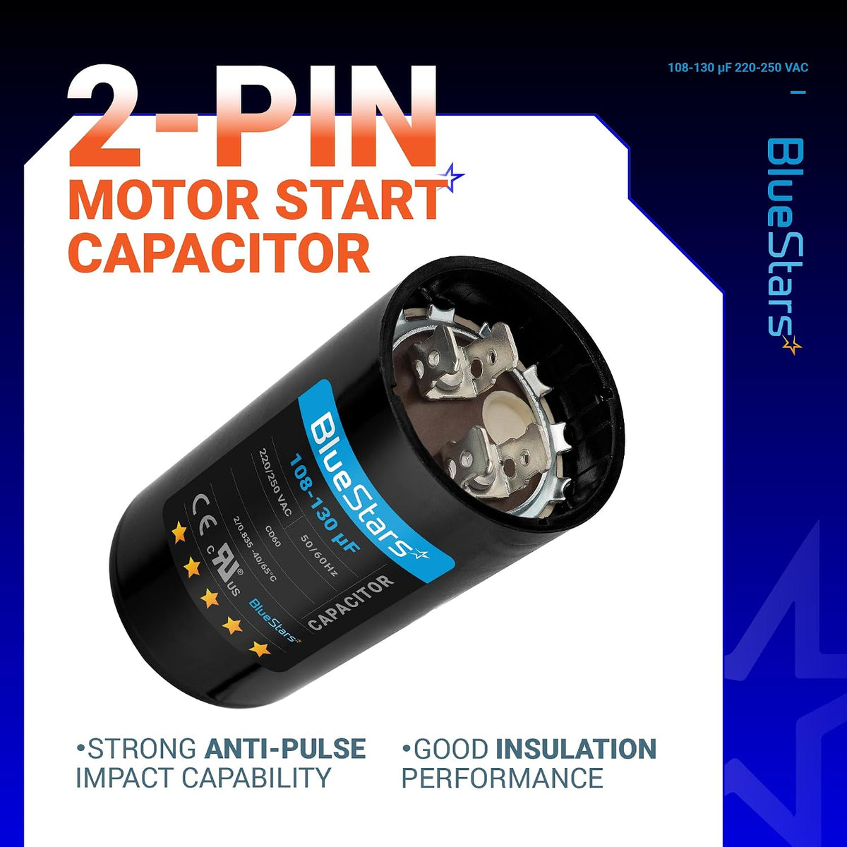 [2025 Upgraded] BlueStars 108-130 uF MFD 220-250 VAC Motor Start Capacitor