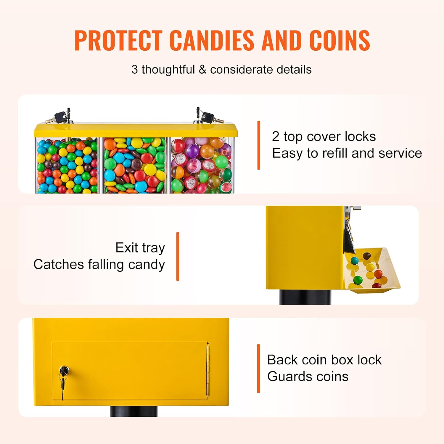 Commercial Vending Machine, Triple Compartment Candy Dispenser with Iron Stand, Gumball and Candy Machine for
