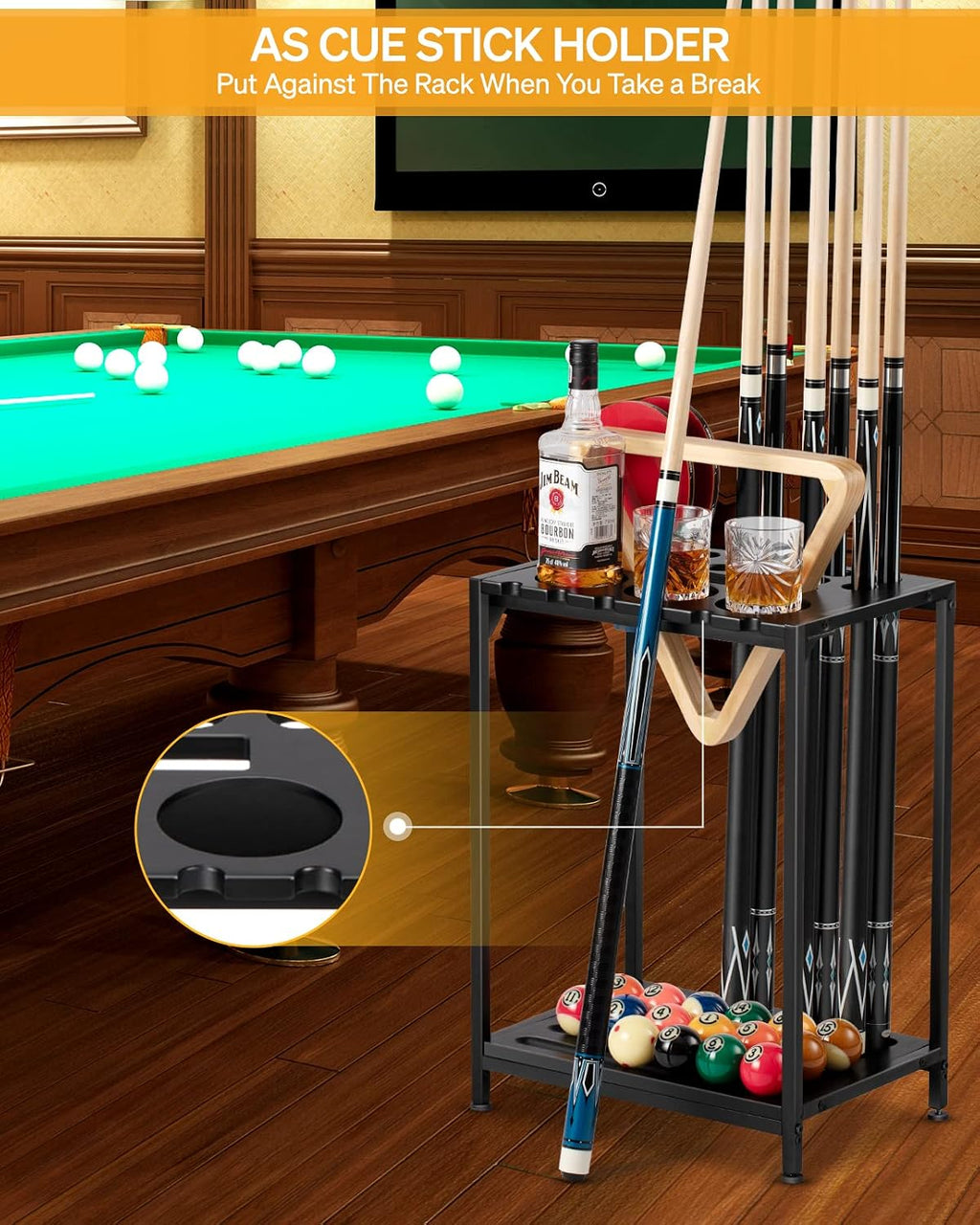 Pool Cue Rack Floor Stand, Metal & Wood, 12 Cues & Ping Pong, Black | Billiard stick holder and pool table