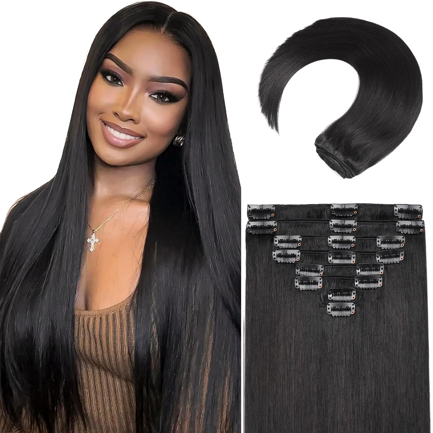 Clip in Hair Extensions Real Human Hair, 20 Inch 8Pcs 105g, 1B Black | Invisible Seamless Straight Remy Human Hair