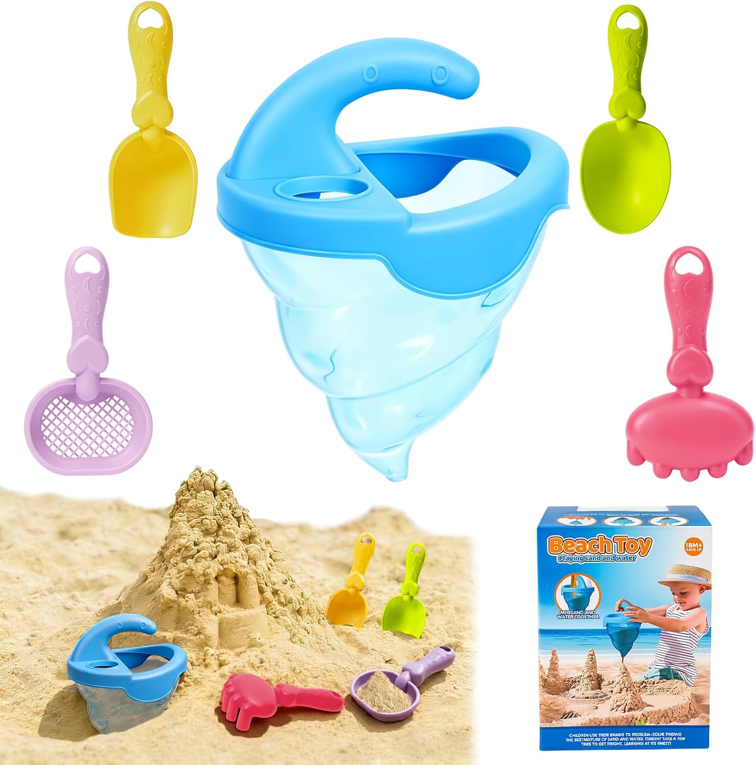 Beach Toys for Kids, 5Pcs Sand Spilling Funnel,Set with Shovel Rake Siftersand Spoon,Outdoor Sandbox Toys for