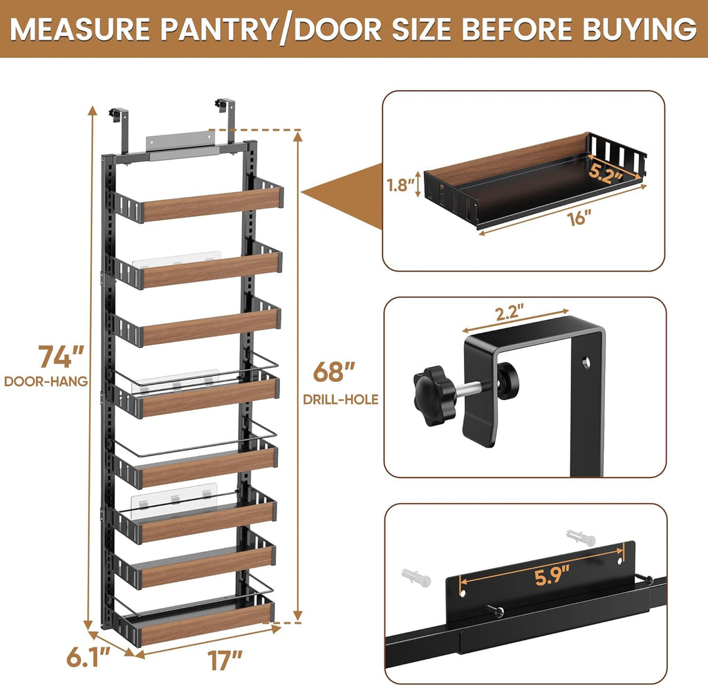8 Tier Over The Door Pantry Organizer, 2 IN 1 Wall Mount or Hanging Spice Rack Seasoning Shelves with Adjustable
