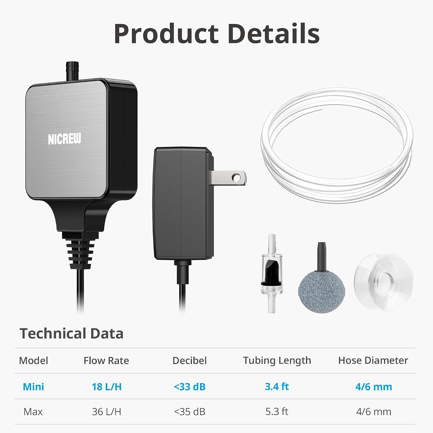 Nano Silent Aquarium Air Pump Black, Aquarium Aerator with Accessories for Up to 10 Gallon Fish Tank, Super Quiet