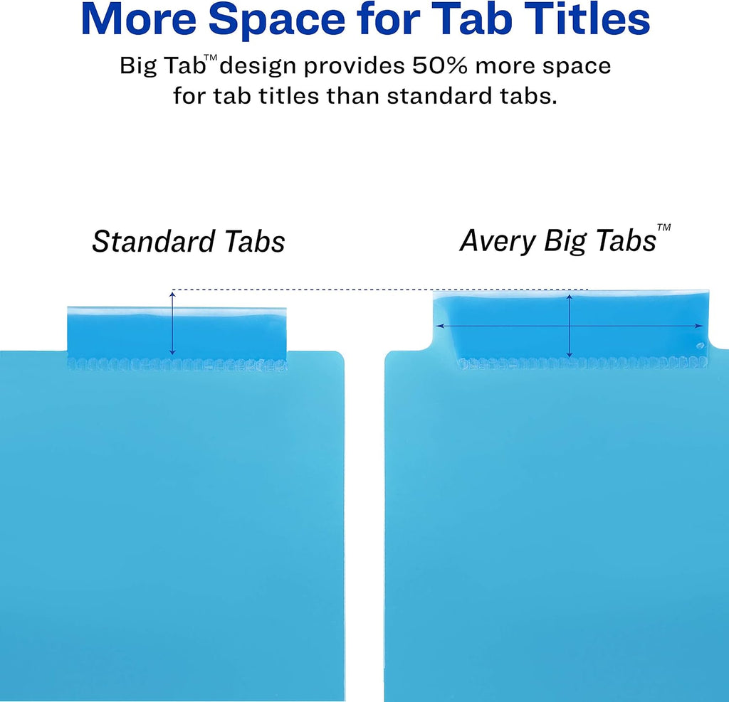 Big Tab Insertable Plastic 2 Pocket Dividers for 3 Ring Binders, 8 Tab Set, Bright Two-Tone Multicolor, Works with