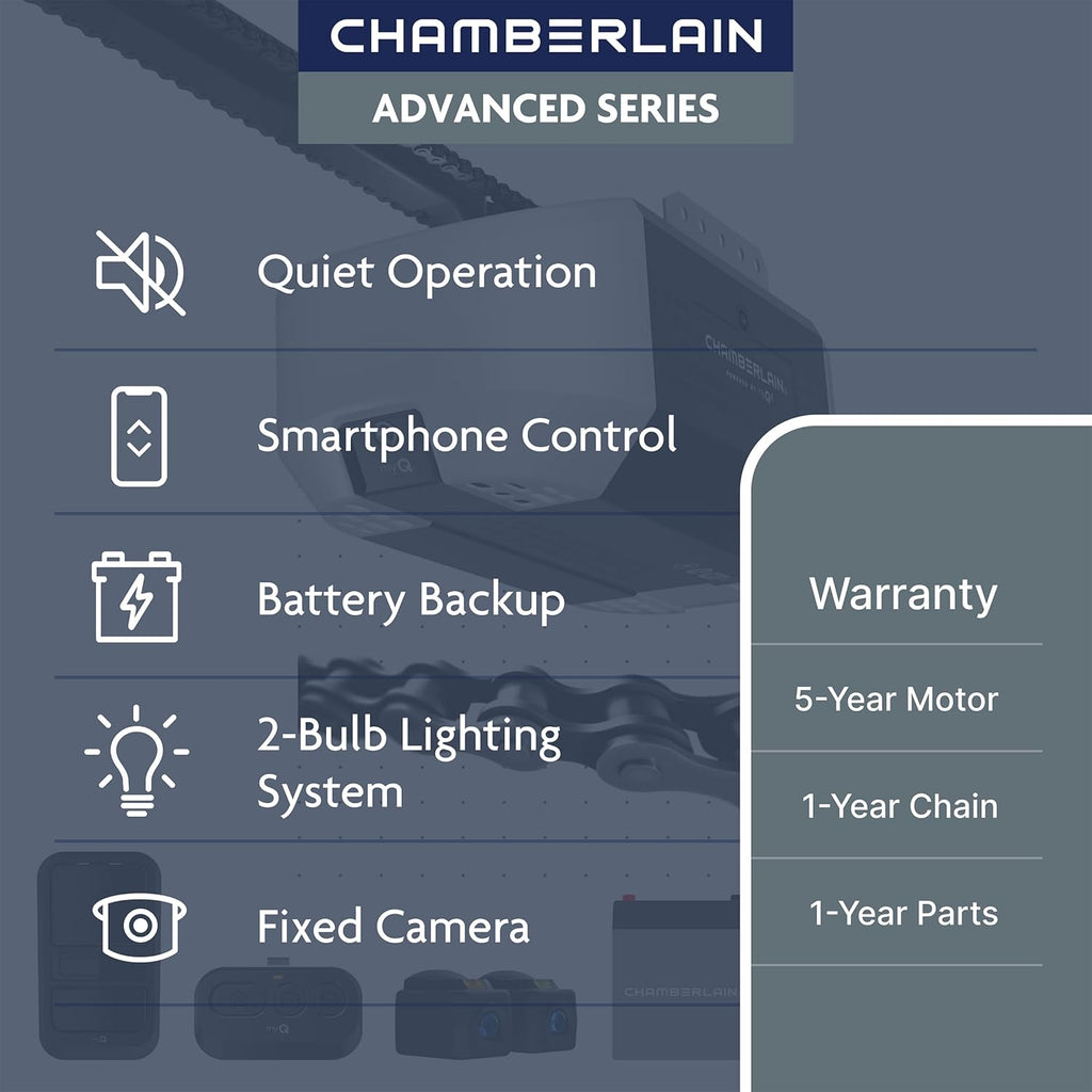 Chain Drive myQ Garage Door Opener, 3/4HP w/Fixed Camera | Heavy duty chain drive, Smart Garage myQ integration