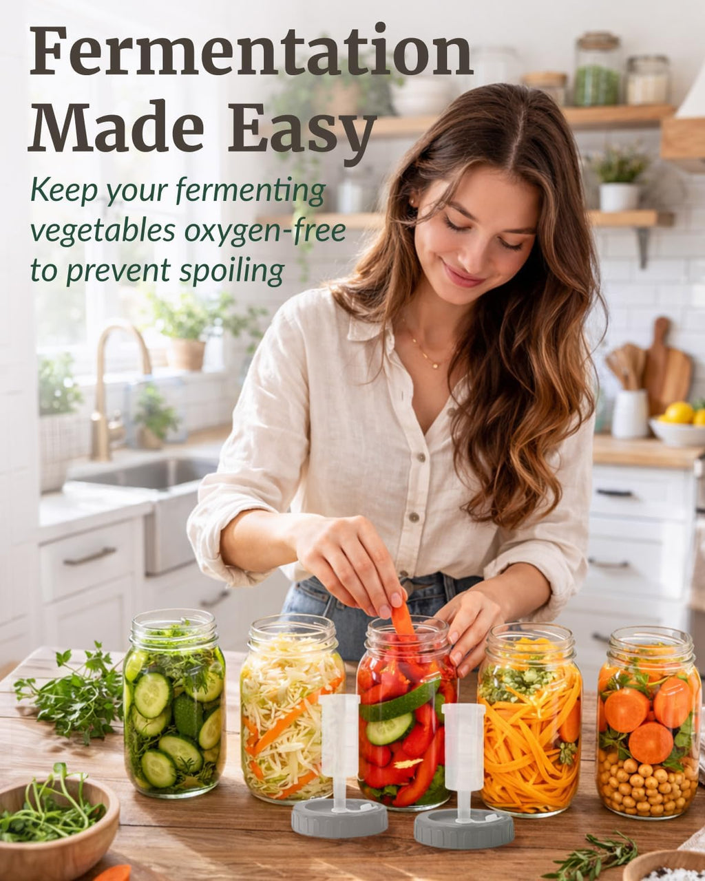 Mason Jar Fermentation Lids - Easy to Use Fermenting Lids for Wide Mouth Mason Jars - Make Delicious Sauerkraut &