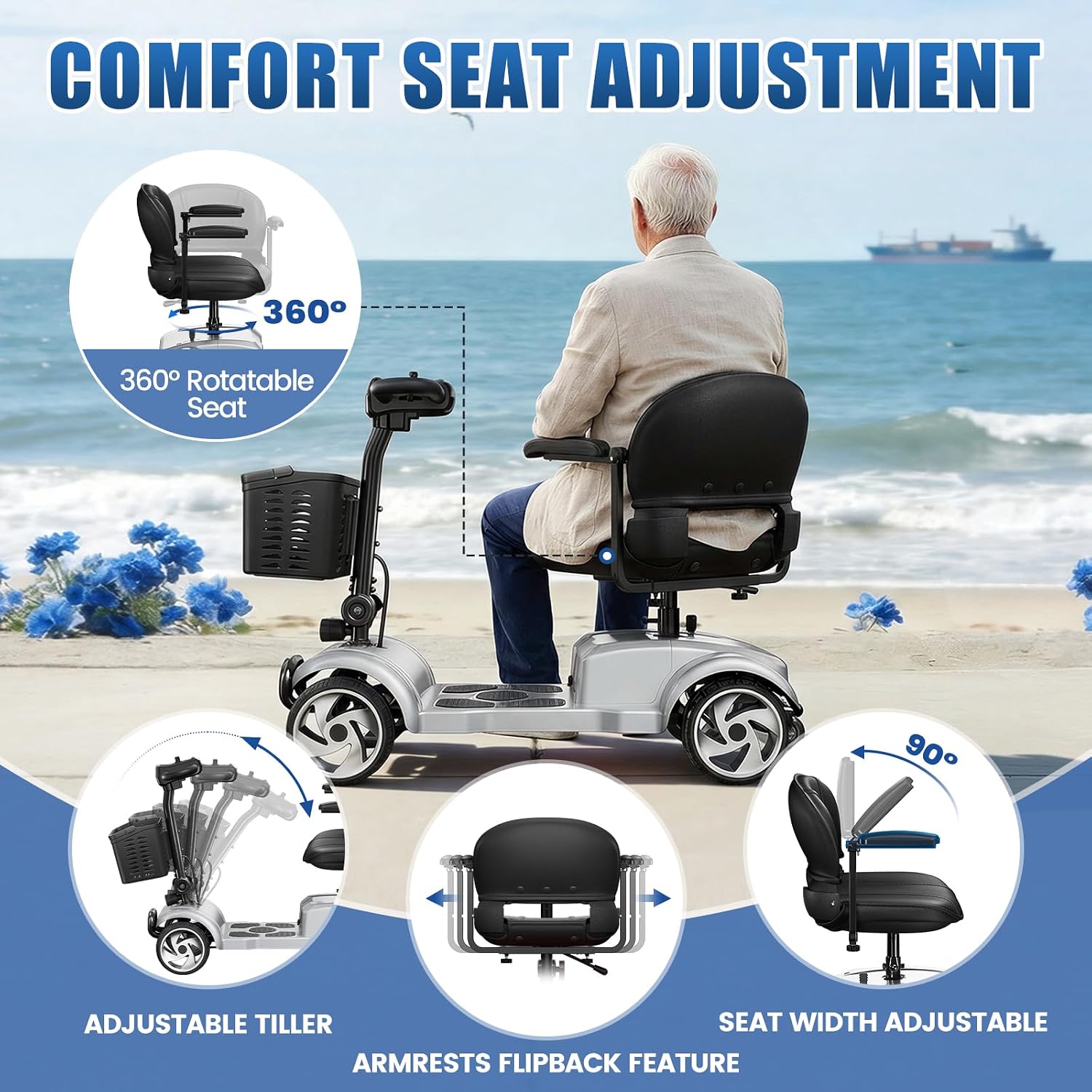 30 Miles Foldable Powered Mobility Scooters for Seniors and Adults, Silver