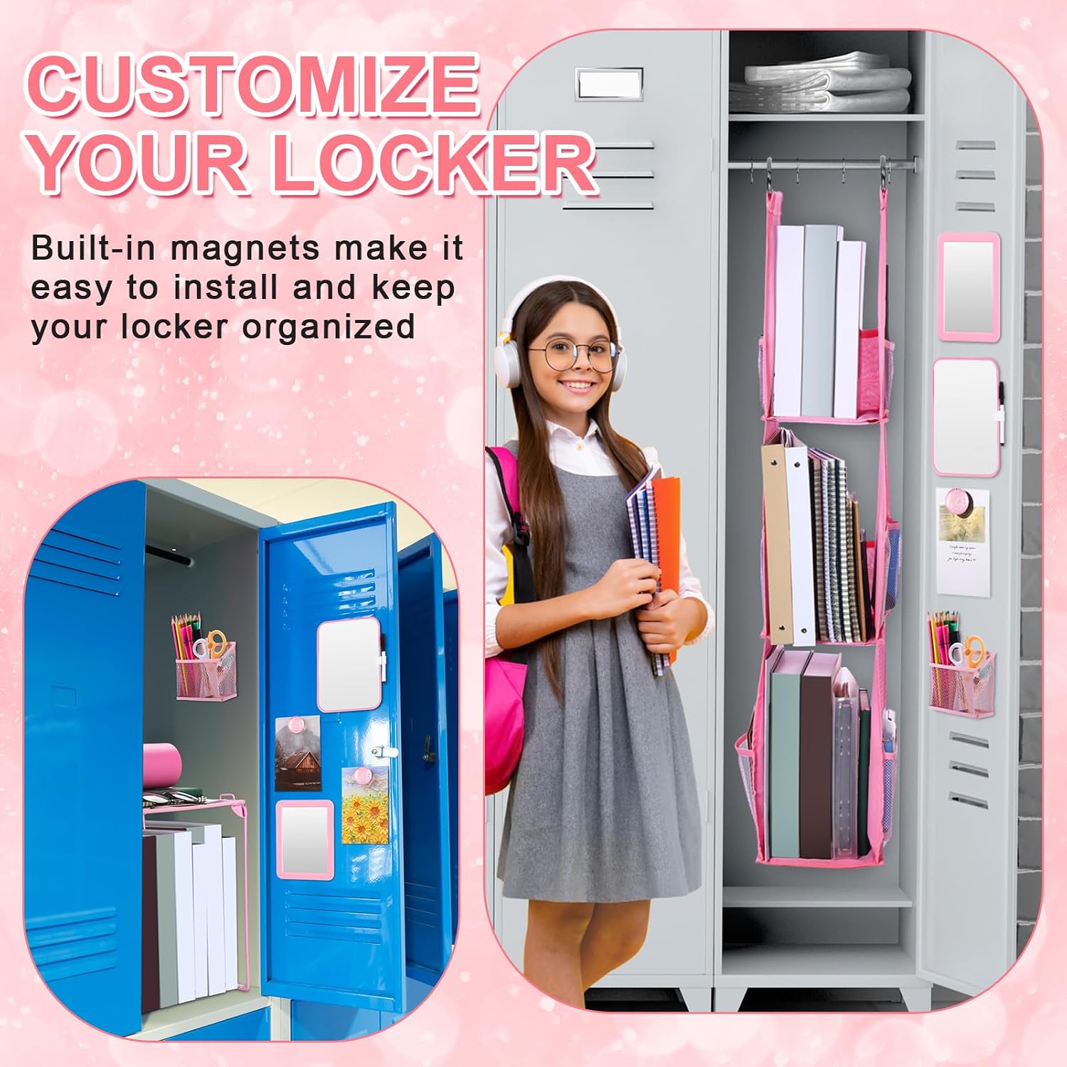 9 Pcs Locker Organizer and Accessories Kit Includes Shelf, 3 Shelf Hanging Organizer, Magnetic Pen Holder, Mirror