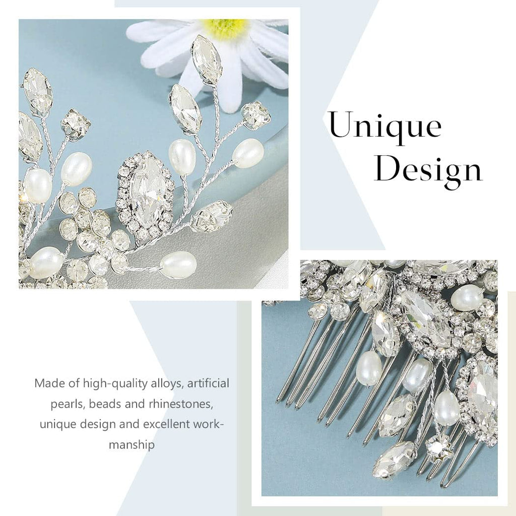 Crystal Bride Wedding Hair Comb Pearl Bridal Hair Piece Hair Accessories for Women and Girls (A Silver)