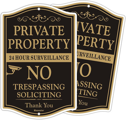 Large Private Property No Trespassing Sign, 2-Pack 12" x 18" No Soliciting 24 Hour Surveillance Yard Signs