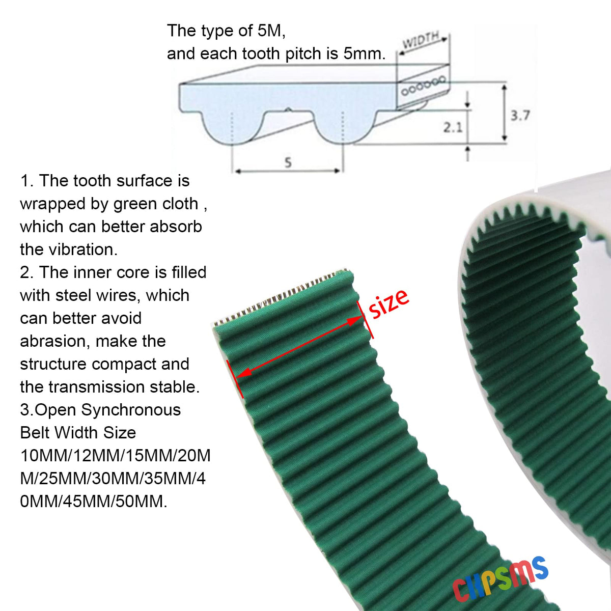 CKPSMS Brand -PU White STD STS S5M Open Timing Belt with Steel Wires for Industrial Machines (Width:35MM, Length:20Meters)