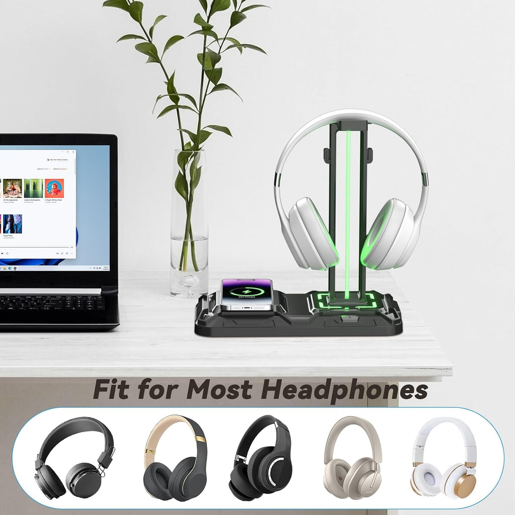 Headphone & Controller Stand with Wireless Charging - Rotatable Headset Stand with 9 Light Modes - Controller Holder