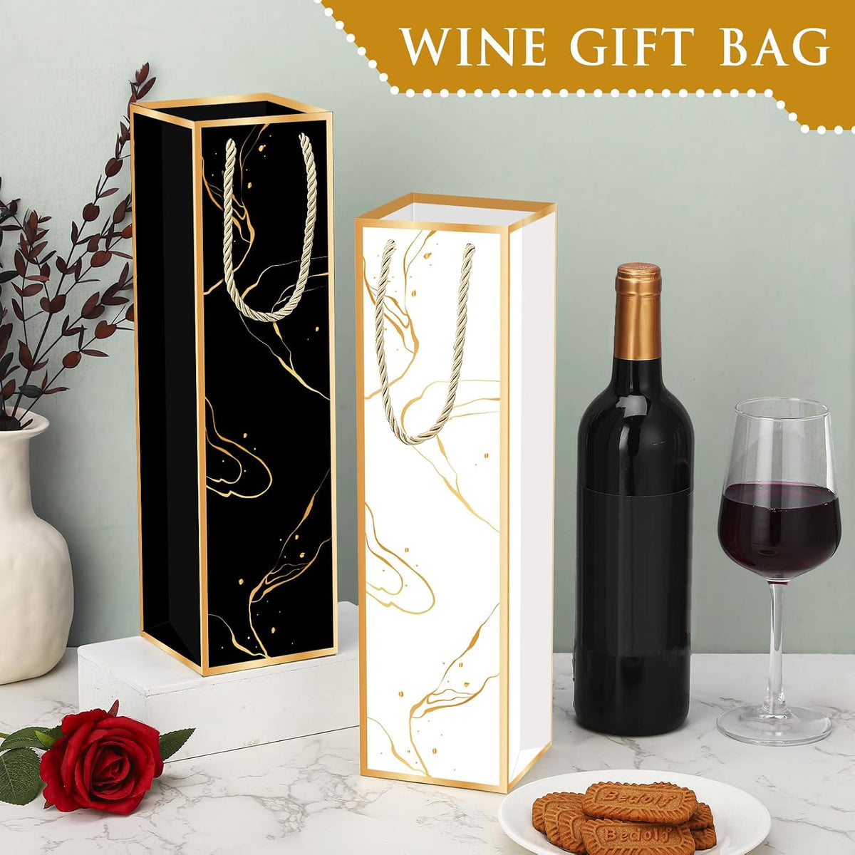 20 Pack Wine Gift Bags with Handles & Tissue Paper black white