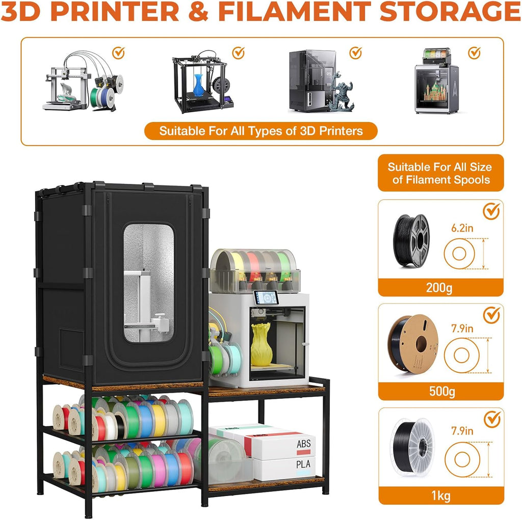3D PrinterTable with Dustproof & Noise Reducing Enclosure —4-Tier 3D Print Stand & Filament Organized for Home