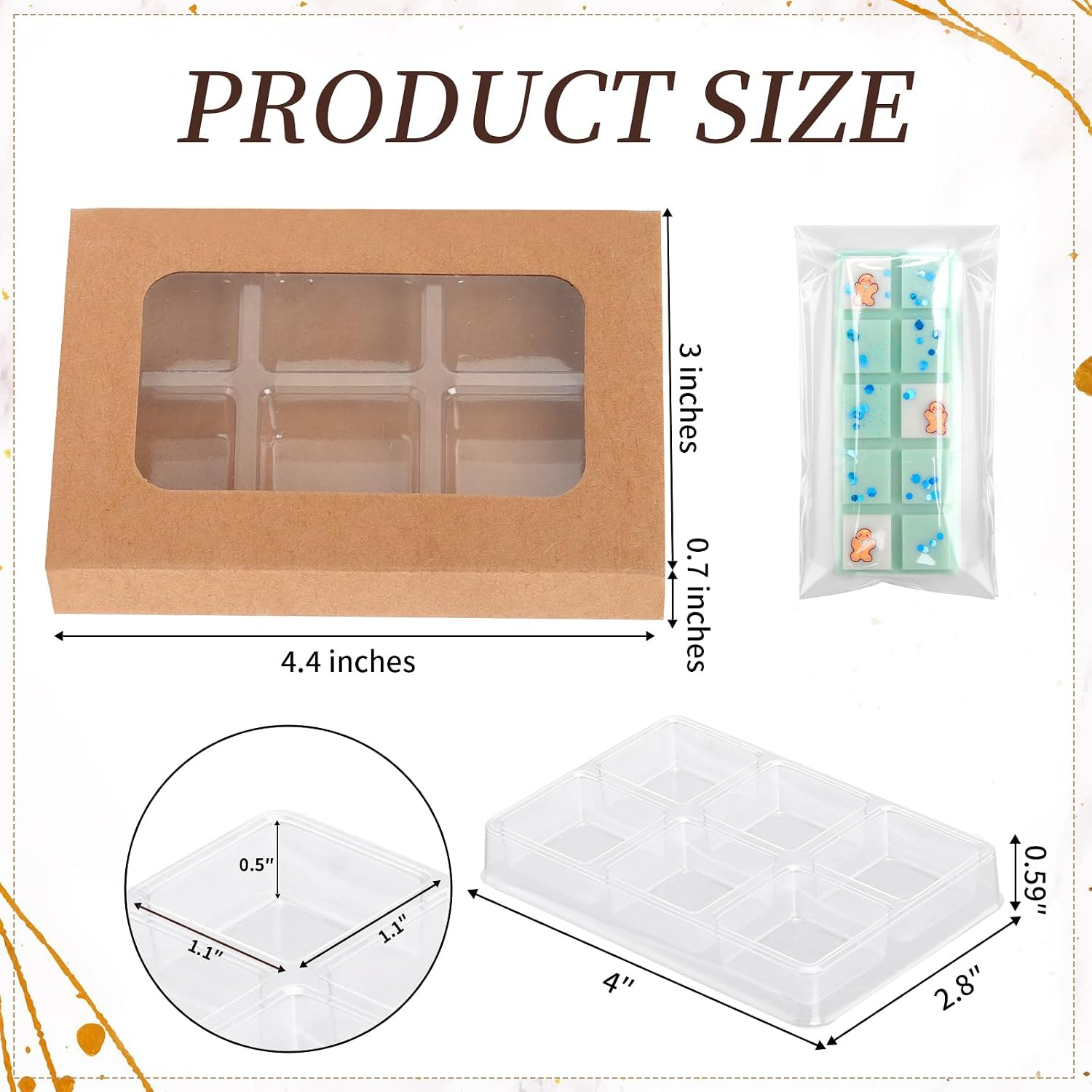 50 PCS Gift Boxes for Wax Melts 6 Cavity Plastic Mold with Box Kraft Wax Melt Boxes Crystal Clear Wax Melt Molds Wax