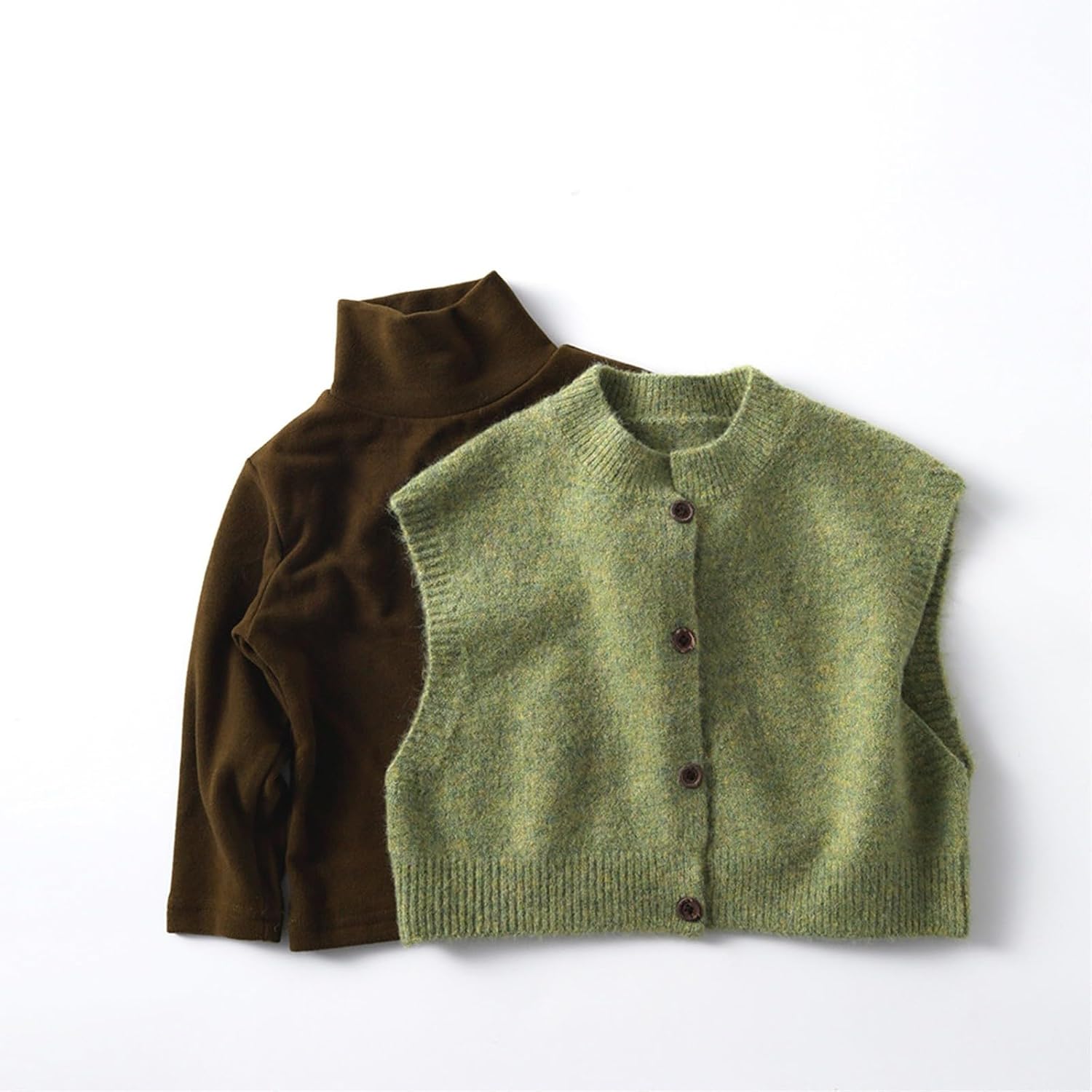 Toddler Kids Vintage Green Heather Knit Vest Boys Girls Crew Neck Button Down Wool Sleeveless Cardigan Sweaters