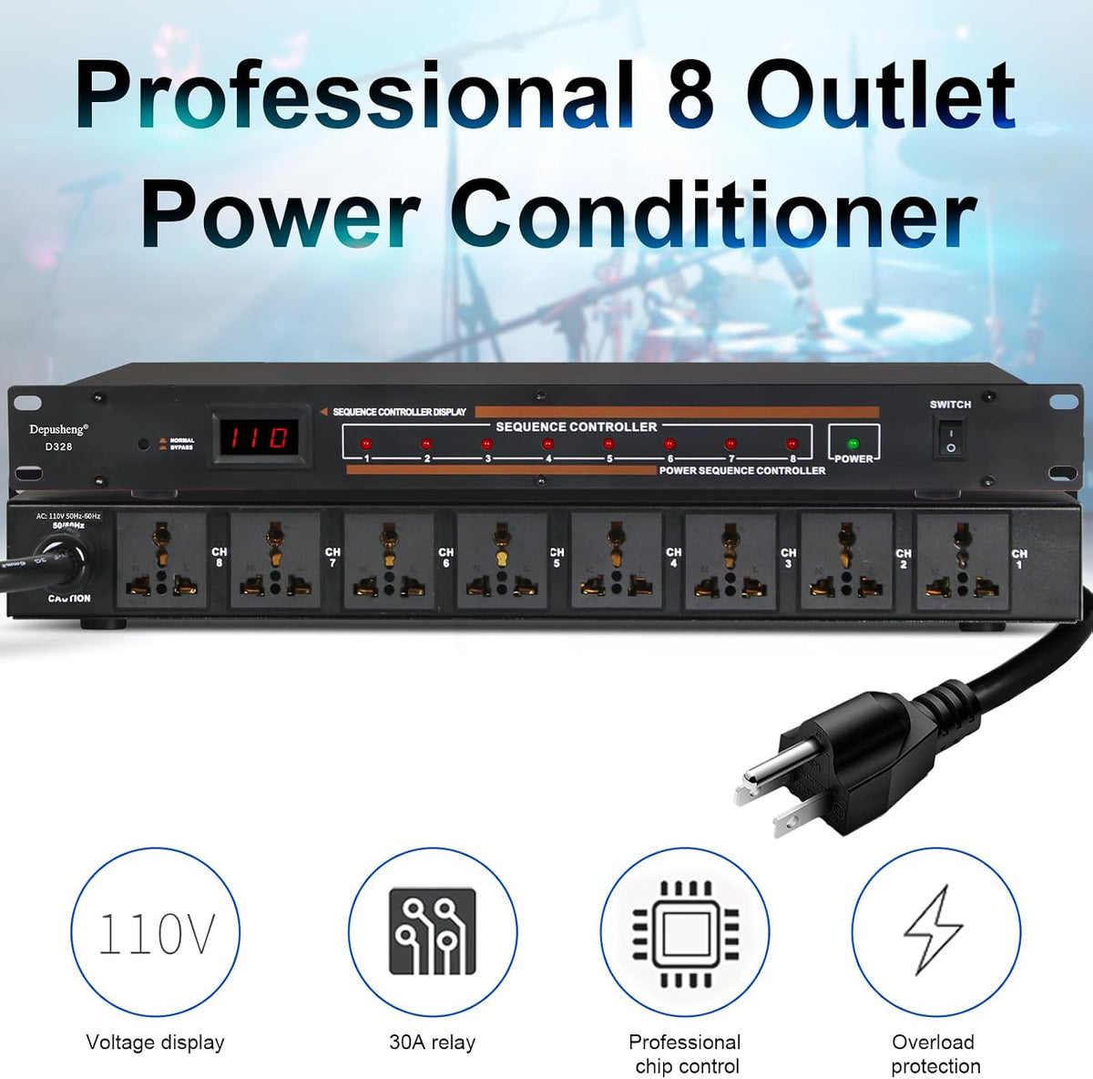 8 Outlet Power Conditioner 10 Amp 2200w with Precise Digital Real-Time Voltage Display Rack Mount Power Sequencer