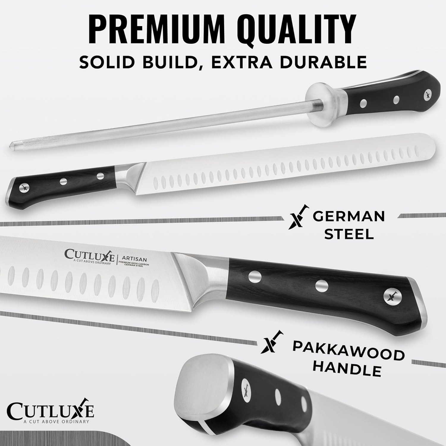 Butcher Knife Set, Brisket, Breaking & Boning Knife with Honing Rod