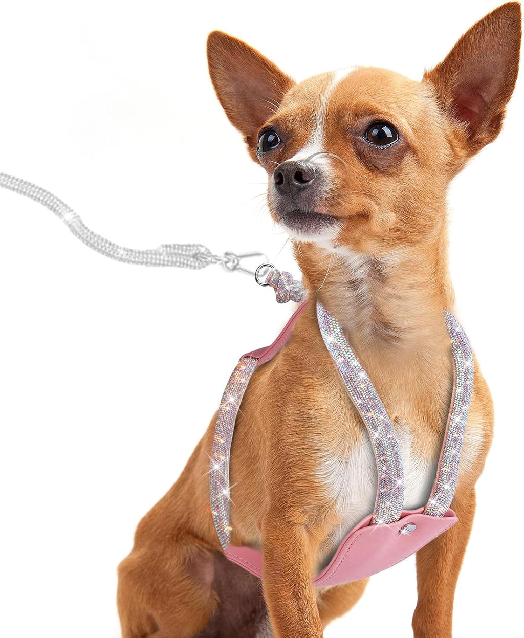 Rhinestone Dog Harness, Pink Leather No Pull Vest with Bling Multicolor Crystals, Adjustable Soft Walking Harness for
