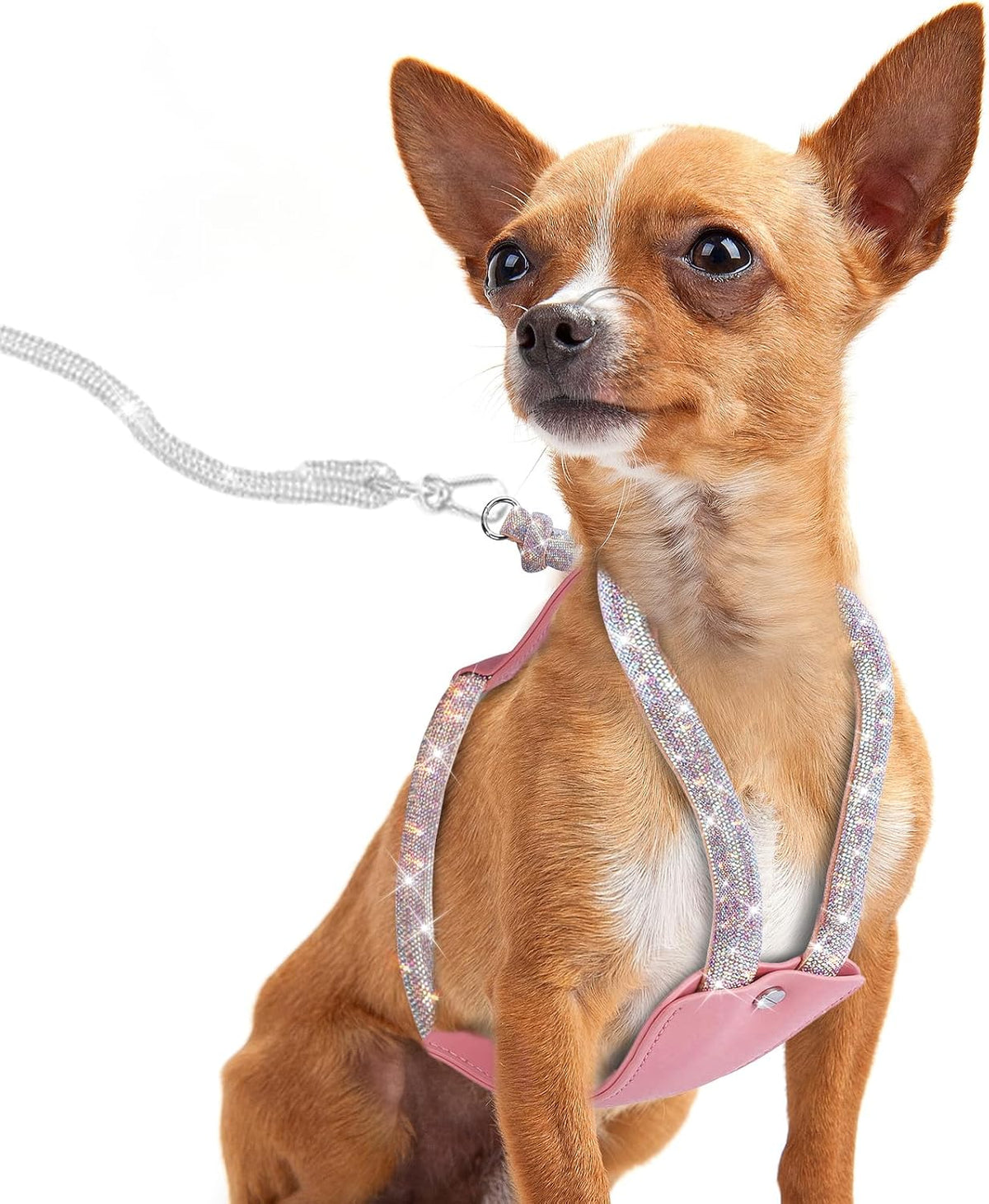 Rhinestone Dog Harness, Pink Leather No Pull Vest with Bling Multicolor Crystals, Adjustable Soft Walking Harness for