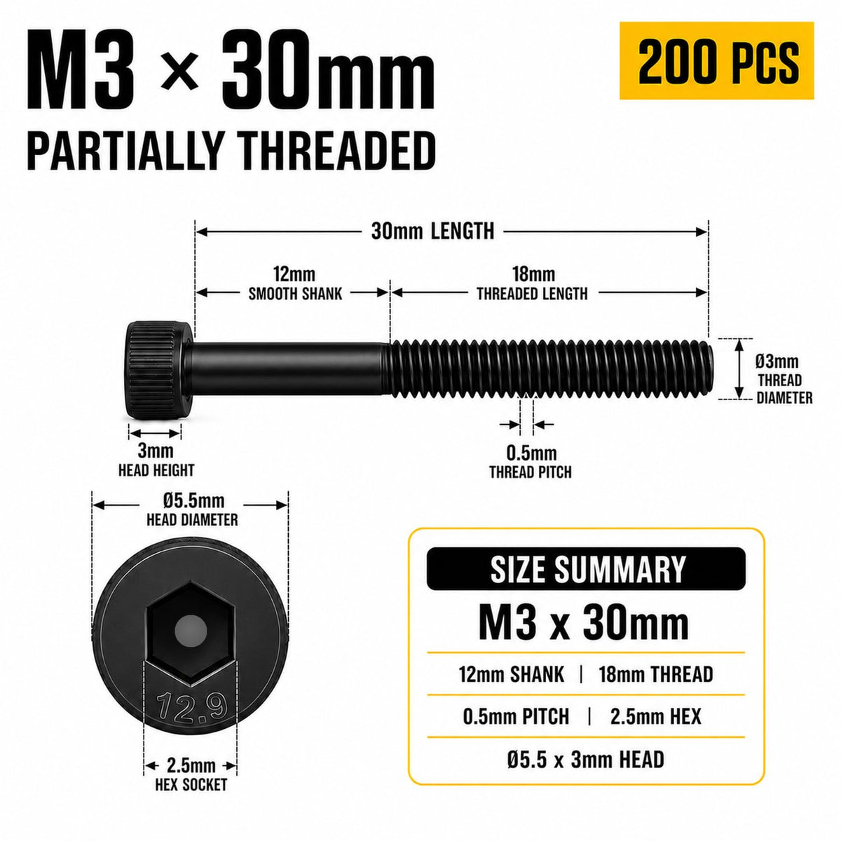 M3x30mm Screws 200pcs Hex Socket Cap 12.9 Steel Black Zinc Half Thread