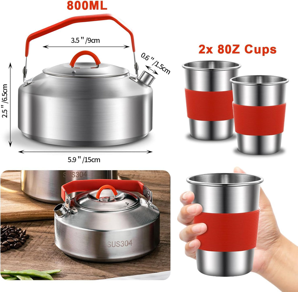 304 Stainless Steel Camping Cookware Set - Mess Kit with Pots, Pans, Kettle, Plates, Forks, Knives, Spoons for 2