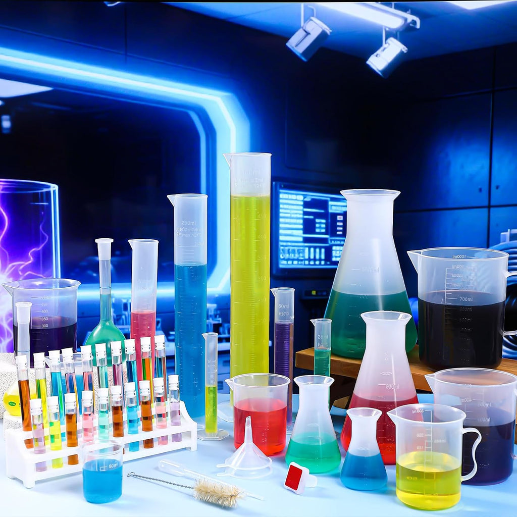 58 Pcs Plastic Beakers Set Include 6 Graduated Cylinder 7 Beakers 6 Flask 10 Droppers 1 Wash Bottle 20 Test Tubes