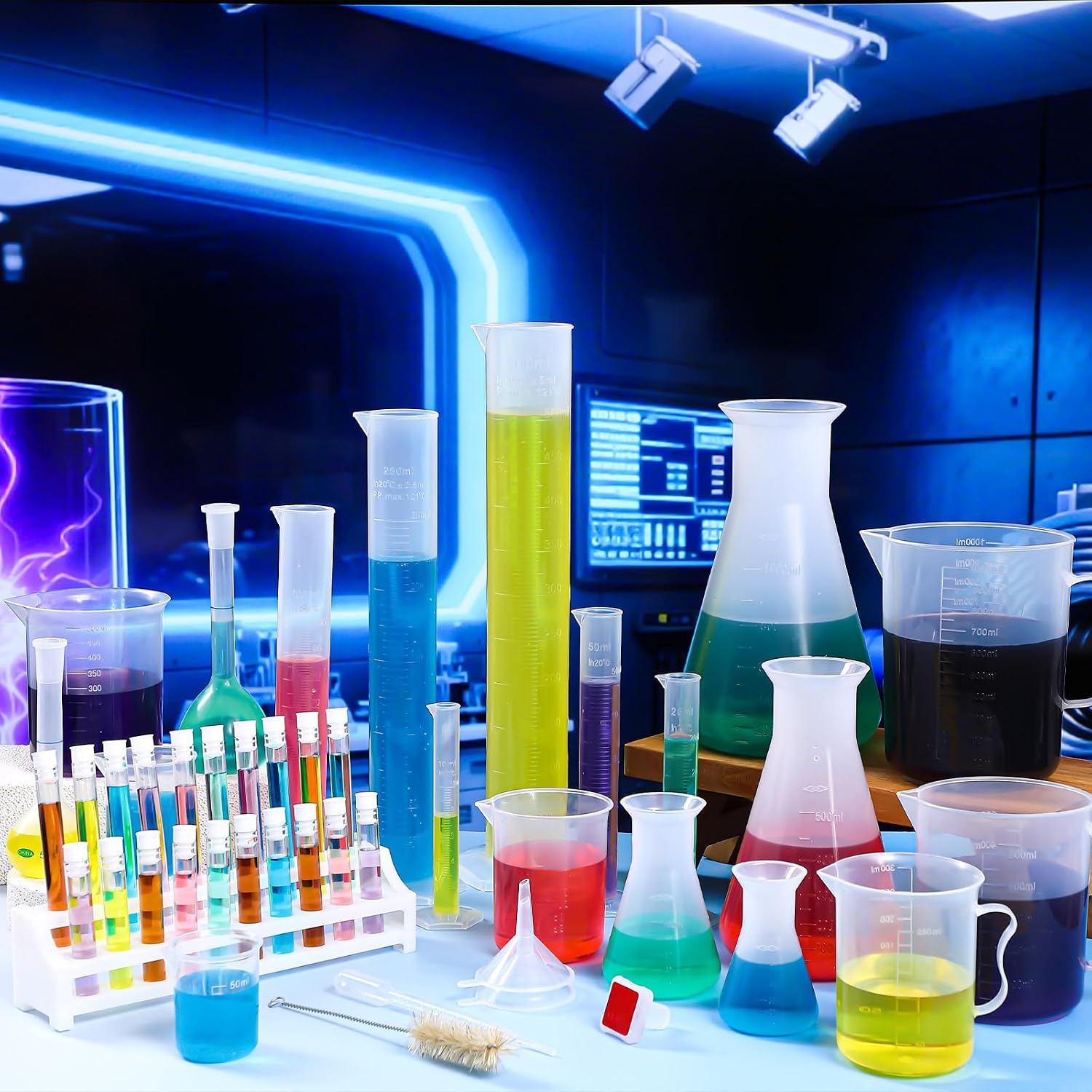 58 Pcs Plastic Beakers Set Include 6 Graduated Cylinder 7 Beakers 6 Flask 10 Droppers 1 Wash Bottle 20 Test Tubes