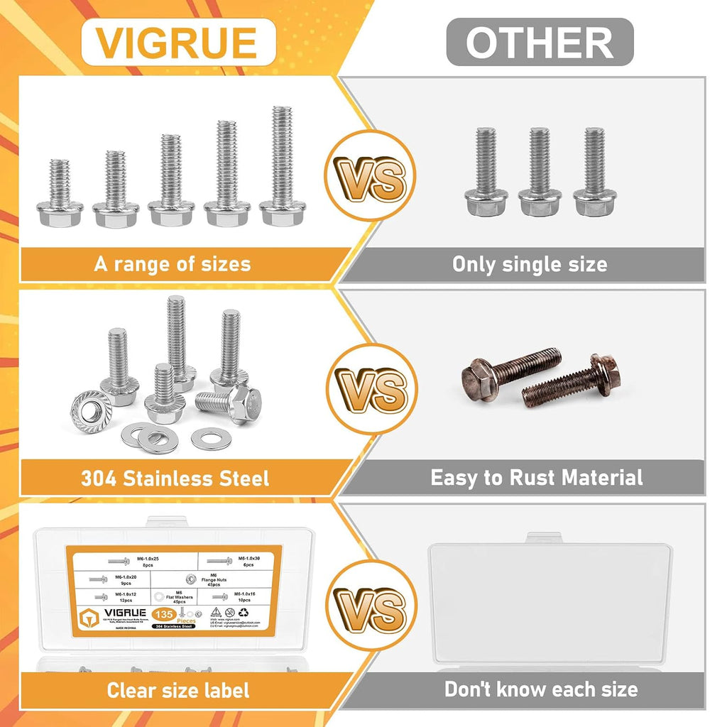 VIGURE 135PCS M6-1.0 Flange Hex Screws Serrated Flange Bolt Nuts Washers