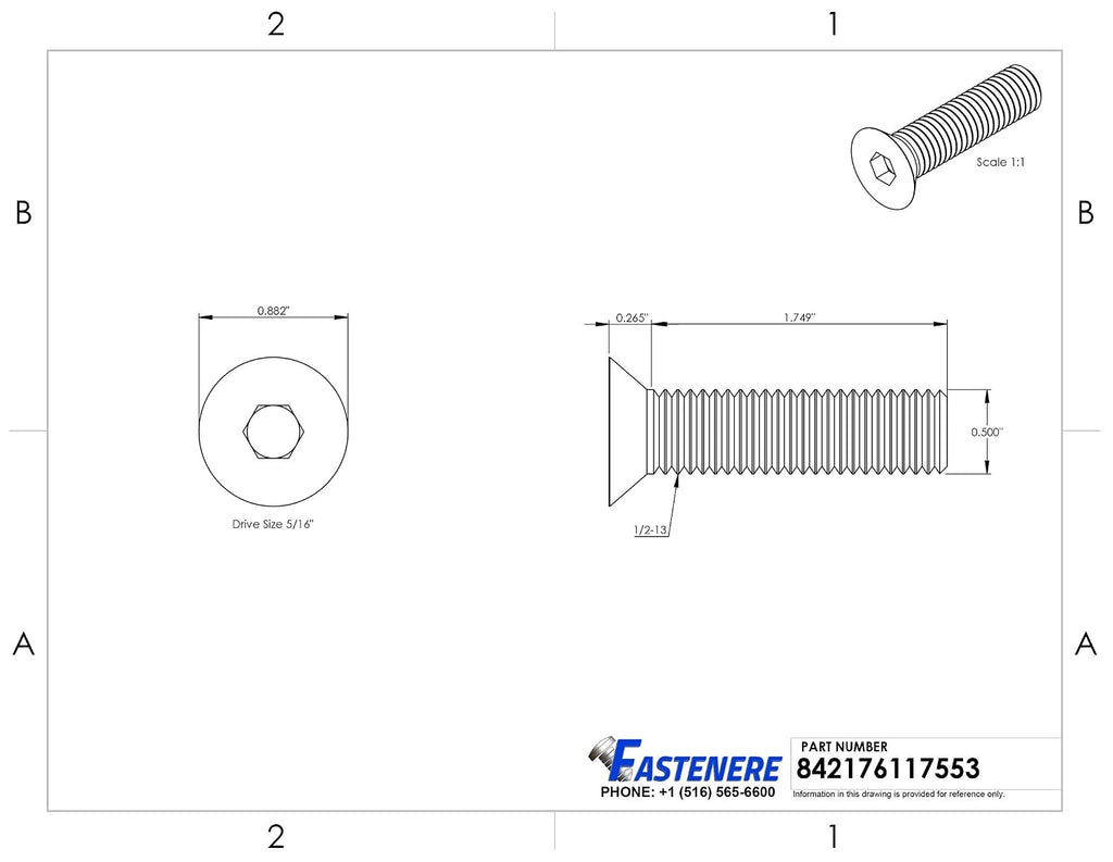 1/2-13 x 2 Flat Head Socket Cap Screws, Allen Socket Drive, Stainless Steel 18-8, Full Thread, Bright Finish, Machine Thread, Quantity 50 By Fastenere