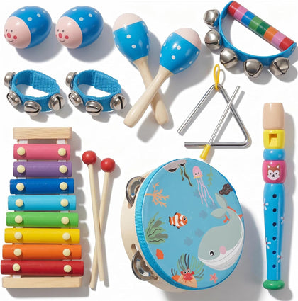 Wooden Musical Instruments Set for Toddlers 1-3, Montessori Baby Toys | 8 Kinds of Natural Wood Percussion