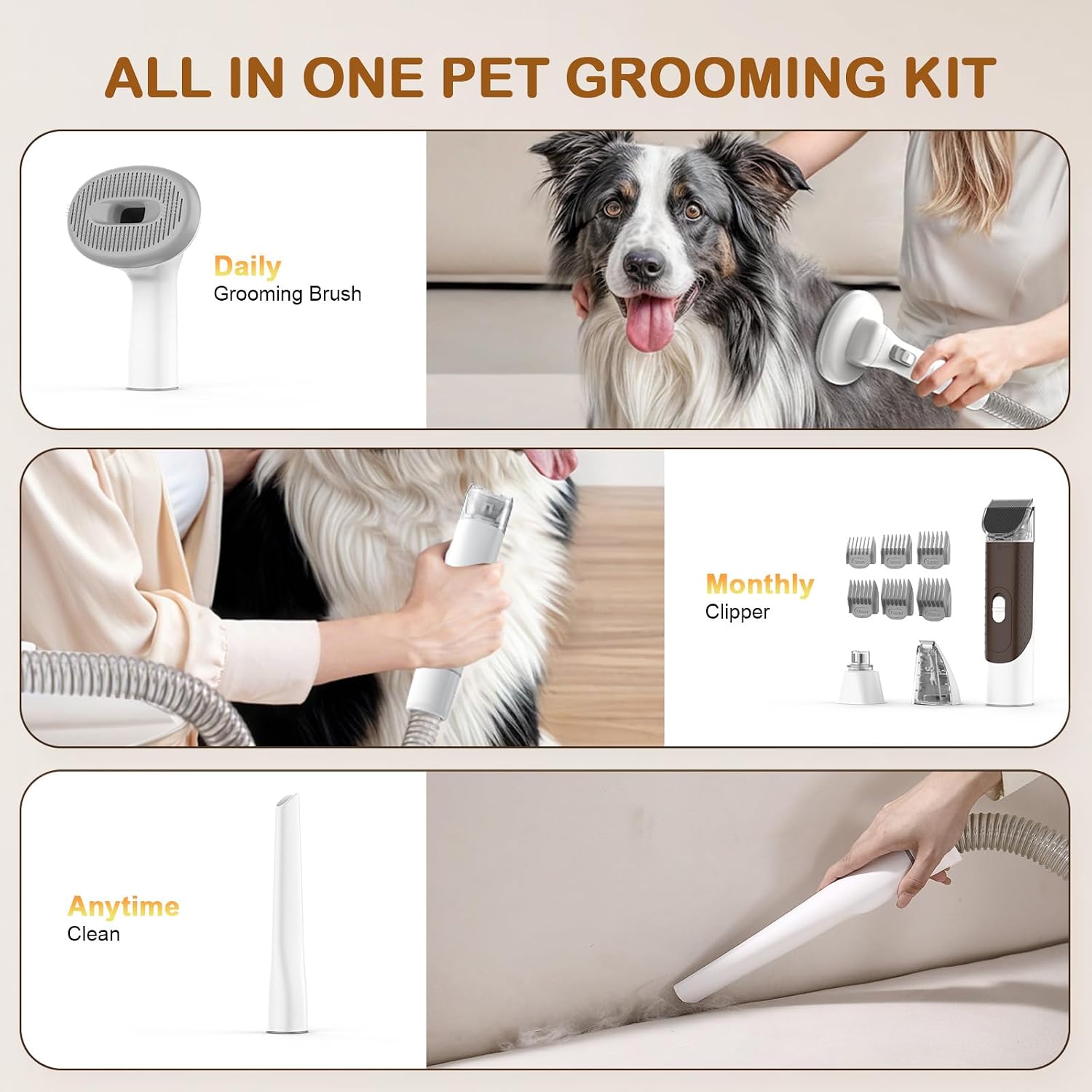 Dog Grooming Vacuum, Dog Grooming Kit with Pet Clipper Nail Grinder, 3 Suction Modes Dog Brush Vacuum with 6 Pet