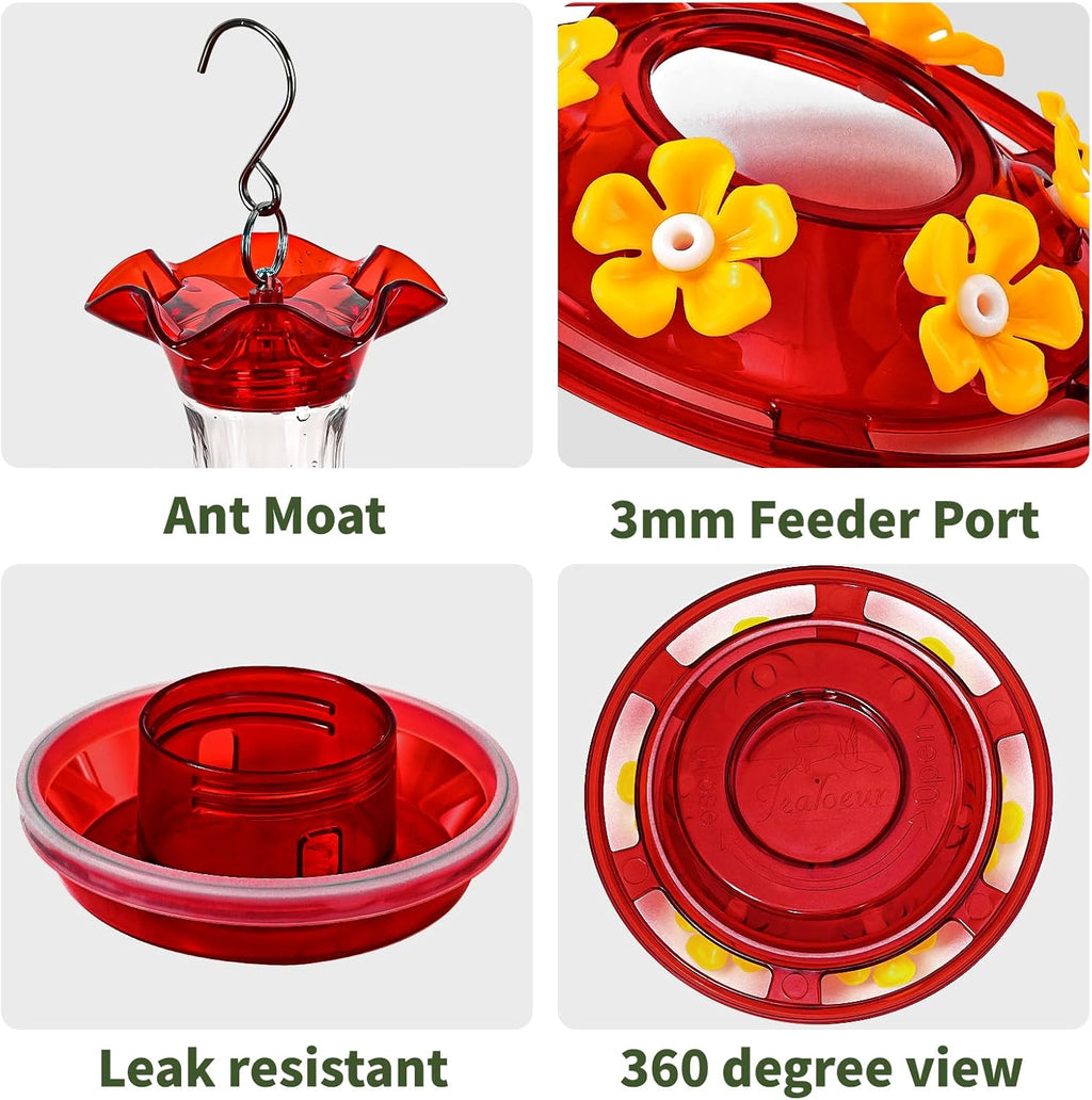 Hummingbird Feeder for Outdoors Hanging, 18 OZ Humming Birds Feeders with 6 Bee Guard Feeding Ports & Built-in Ant