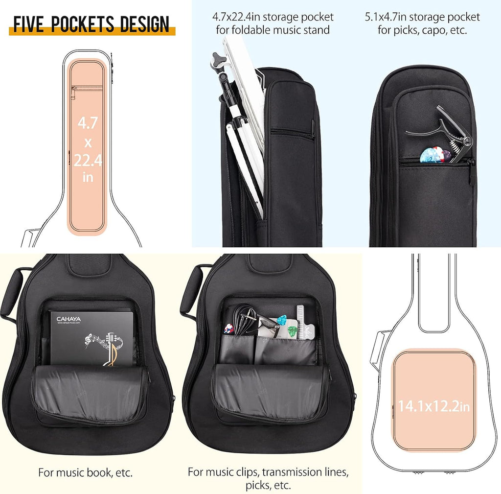 Acoustic Guitar Case Soft Padded Guitar Bag 0.7 In Thick Sponge Reinforced Gig Bag with 5 Pockets,Neck Cradle,Back