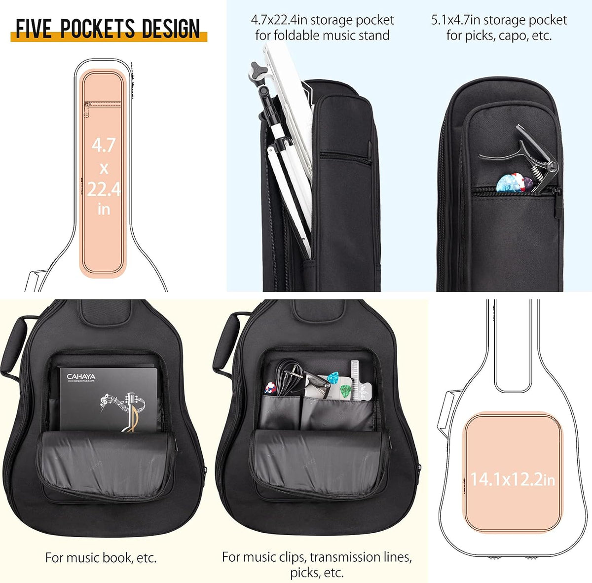 Acoustic Guitar Case Soft Padded Guitar Bag 0.7 In Thick Sponge Reinforced Gig Bag with 5 Pockets,Neck Cradle,Back