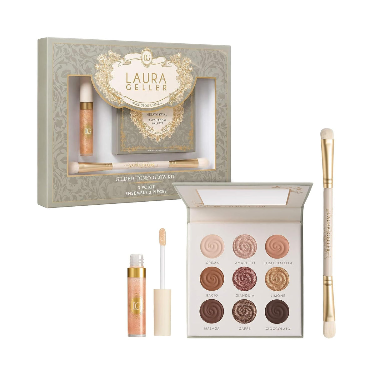LAURA GELLER Gilded Honey Glow Three-Piece Makeup Kit, Gelato Swirl Eyeshadow Palette, Color Luster Lip Gloss &