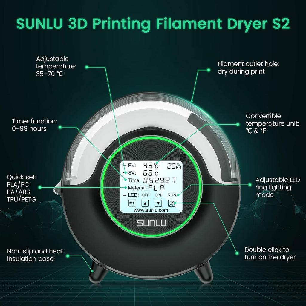 Filament Dryer S2, Black | 70℃ Max Temperature,Large screen control,Filament Storage Filament Dryer Box