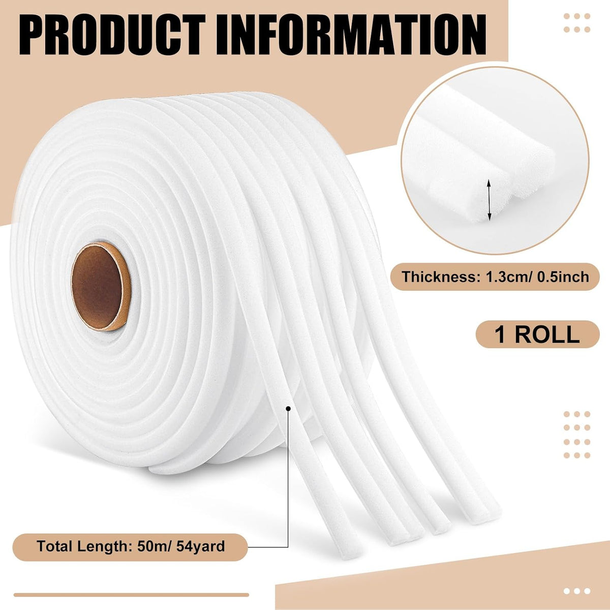 1 Roll 1/2 Inch x 54 Yards White Automotive Foam Tape
