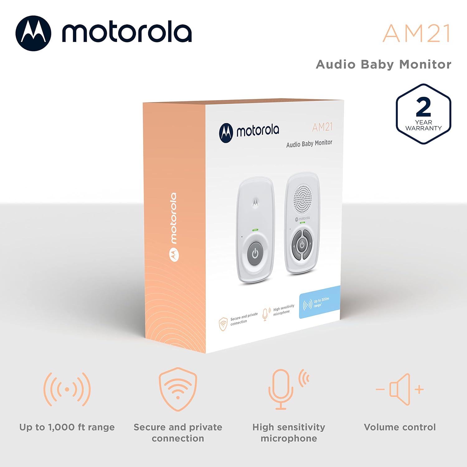 Baby Monitor Audio Only, No WiFi, Long Range AM21 with Private Connection, Cry Detection, Volume Control, Portable