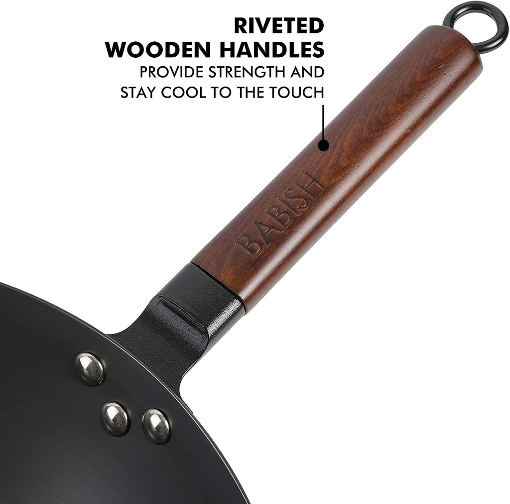 14 Inch Carbon Steel Wok Pan, Flat Bottom Stir Fry Pan, Induction