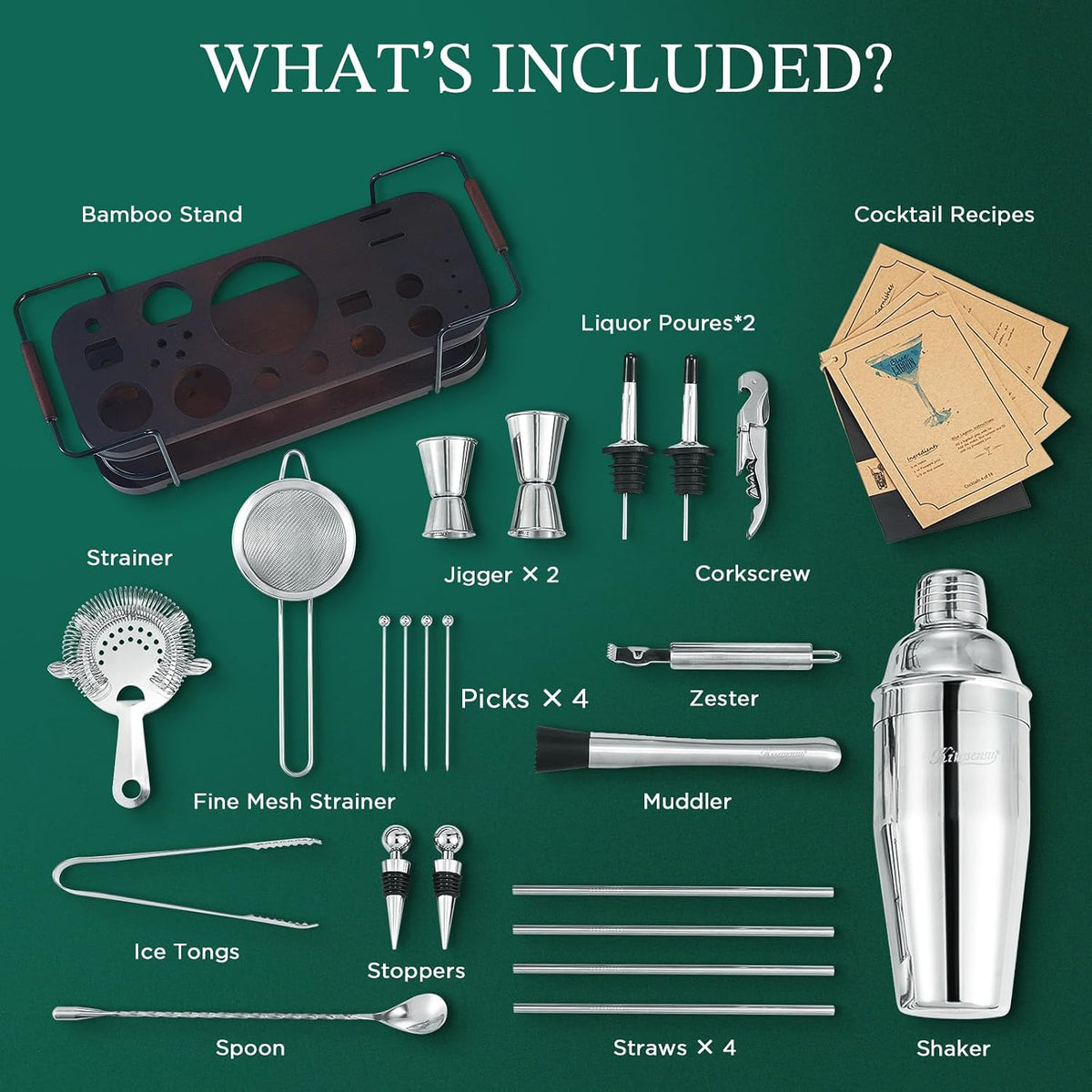 Cocktail Shaker Set Bartender Kit with Stand | Complete 24-Piece Bar Set Cocktail Kit with All Bar Accessories:
