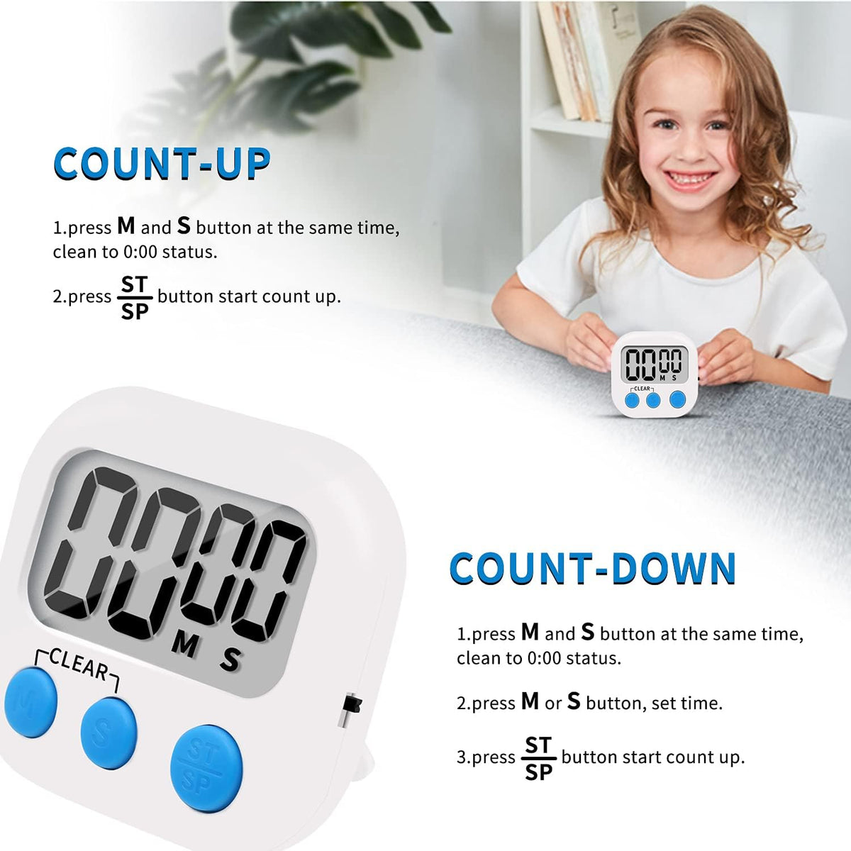 6 Pack Small Digital Kitchen Timer Magnetic Back and ON/Off Switch,Minute Second Count Up Countdown, White