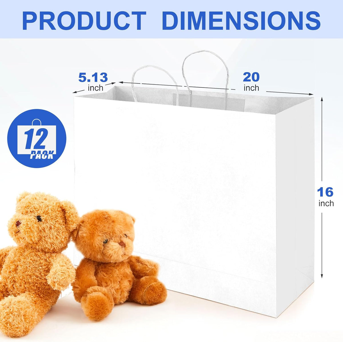 12 Pack 20 x 16 x 5 Inch Extra Large White Paper Bags with Handles
